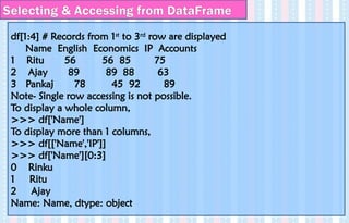 df[1:4] # Records from 1st
to 3rd
row are displayed
Name English Economics IP Accounts
1 Ritu 56 56 85 75
2 Ajay 89 89 88 63
3 Pankaj 78 45 92 89
Note- Single row accessing is not possible.
To display a whole column,
>>> df['Name']
To display more than 1 columns,
>>> df[['Name','IP']]
>>> df['Name'][0:3]
0 Rinku
1 Ritu
2 Ajay
Name: Name, dtype: object
Selecting & Accessing from DataFrame
 