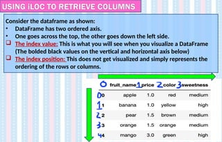 Consider the dataframe as shown:
• DataFrame has two ordered axis.
• One goes across the top, the other goes down the left side.
 The index value: This is what you will see when you visualize a DataFrame
(The bolded black values on the vertical and horizontal axis below)
 The index position: This does not get visualized and simply represents the
ordering of the rows or columns.
USING iLOC TO RETRIEVE COLUMNS
 