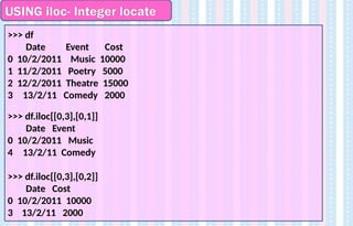USING iloc- Integer locate
>>> df
Date Event Cost
0 10/2/2011 Music 10000
1 11/2/2011 Poetry 5000
2 12/2/2011 Theatre 15000
3 13/2/11 Comedy 2000
>>> df.iloc[[0,3],[0,1]]
Date Event
0 10/2/2011 Music
4 13/2/11 Comedy
>>> df.iloc[[0,3],[0,2]]
Date Cost
0 10/2/2011 10000
3 13/2/11 2000
 