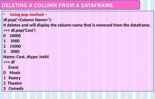 DELETING A COLUMN FROM A DATAFRAME
• Using pop method –
df.pop(‘<Column Name>’)-
It deletes and will display the column name that is removed from the dataframe.
>>> df.pop('Cost')
0 10000
1 5000
2 15000
3 2000
Name: Cost, dtype: int64
>>> df
Event
0 Music
1 Poetry
2 Theatre
3 Comedy
 