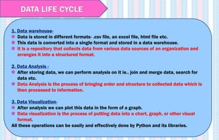 DATA LIFE CYCLE
1. Data warehouse-
Data is stored in different formats- .csv file, an excel file, html file etc.
This data is converted into a single format and stored in a data warehouse.
It is a repository that collects data from various data sources of an organization and
arranges it into a structured format.
2. Data Analysis -
After storing data, we can perform analysis on it ie.. join and merge data, search for
data etc.
Data Analysis is the process of bringing order and structure to collected data which is
then processed to information.
3. Data Visualization-
After analysis we can plot this data in the form of a graph.
Data visualization is the process of putting data into a chart, graph, or other visual
format.
All these operations can be easily and effectively done by Python and its libraries.
 