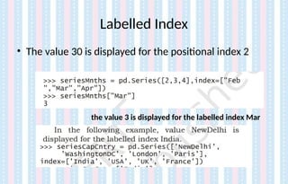 Labelled Index
• The value 30 is displayed for the positional index 2
the value 3 is displayed for the labelled index Mar
 