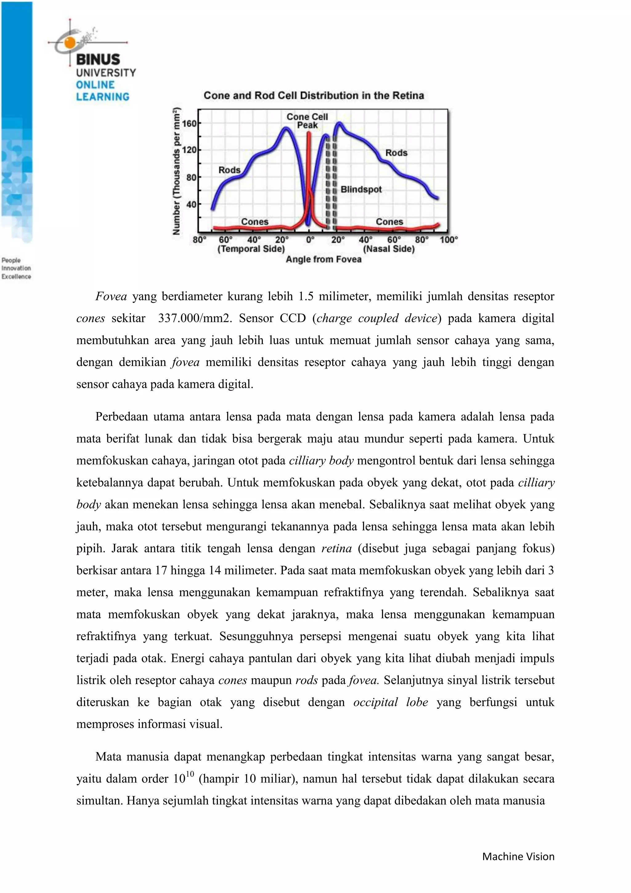 Machine Vision
Fovea yang berdiameter kurang lebih 1.5 milimeter, memiliki jumlah densitas reseptor
cones sekitar 337.000/mm2. Sensor CCD (charge coupled device) pada kamera digital
membutuhkan area yang jauh lebih luas untuk memuat jumlah sensor cahaya yang sama,
dengan demikian fovea memiliki densitas reseptor cahaya yang jauh lebih tinggi dengan
sensor cahaya pada kamera digital.
Perbedaan utama antara lensa pada mata dengan lensa pada kamera adalah lensa pada
mata berifat lunak dan tidak bisa bergerak maju atau mundur seperti pada kamera. Untuk
memfokuskan cahaya, jaringan otot pada cilliary body mengontrol bentuk dari lensa sehingga
ketebalannya dapat berubah. Untuk memfokuskan pada obyek yang dekat, otot pada cilliary
body akan menekan lensa sehingga lensa akan menebal. Sebaliknya saat melihat obyek yang
jauh, maka otot tersebut mengurangi tekanannya pada lensa sehingga lensa mata akan lebih
pipih. Jarak antara titik tengah lensa dengan retina (disebut juga sebagai panjang fokus)
berkisar antara 17 hingga 14 milimeter. Pada saat mata memfokuskan obyek yang lebih dari 3
meter, maka lensa menggunakan kemampuan refraktifnya yang terendah. Sebaliknya saat
mata memfokuskan obyek yang dekat jaraknya, maka lensa menggunakan kemampuan
refraktifnya yang terkuat. Sesungguhnya persepsi mengenai suatu obyek yang kita lihat
terjadi pada otak. Energi cahaya pantulan dari obyek yang kita lihat diubah menjadi impuls
listrik oleh reseptor cahaya cones maupun rods pada fovea. Selanjutnya sinyal listrik tersebut
diteruskan ke bagian otak yang disebut dengan occipital lobe yang berfungsi untuk
memproses informasi visual.
Mata manusia dapat menangkap perbedaan tingkat intensitas warna yang sangat besar,
yaitu dalam order 1010
(hampir 10 miliar), namun hal tersebut tidak dapat dilakukan secara
simultan. Hanya sejumlah tingkat intensitas warna yang dapat dibedakan oleh mata manusia
 