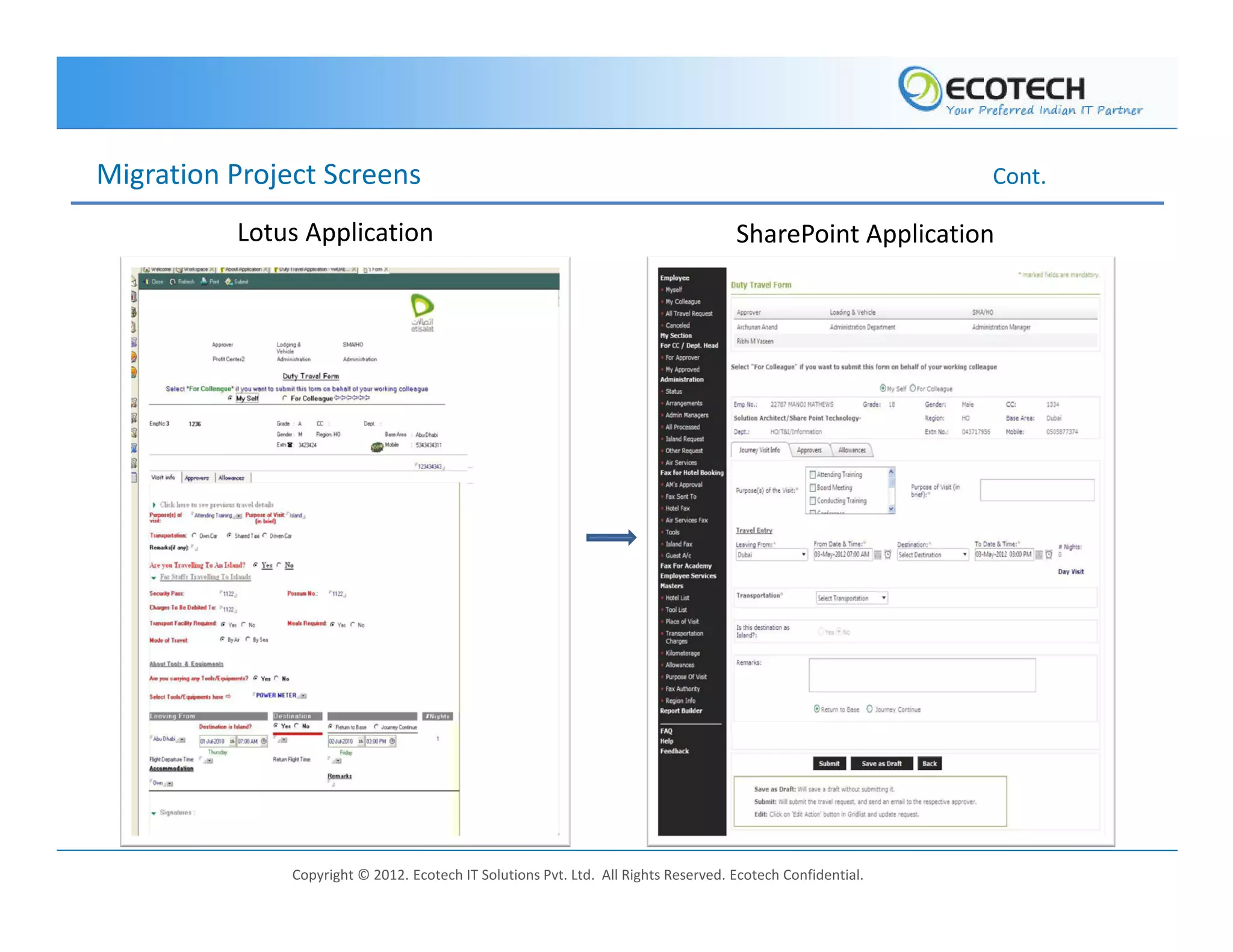 Migration Project Screens                                                                                    Cont.

          Lotus Application                                                          SharePoint Application




               Copyright © 2012. Ecotech IT Solutions Pvt. Ltd. All Rights Reserved. Ecotech Confidential.
 