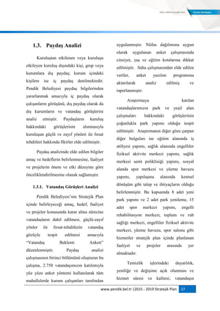 www.pendik.bel.tr |2015 - 2019 Stratejik Plan 27
1.3. PaydaĢ Analizi
Kuruluştan etkilenen veya kuruluşu
etkileyen kuruluş dışındaki kişi, grup veya
kurumlara dış paydaş; kurum içindeki
kişilere ise iç paydaş denilmektedir.
Pendik Belediyesi paydaş bilgilerinden
yararlanmak amacıyla iç paydaş olarak
çalışanların görüşünü, dış paydaş olarak da
dış kurumların ve vatandaş görüşlerini
analiz etmiştir. Paydaşların kuruluş
hakkındaki görüşlerinin alınmasıyla
kuruluşun güçlü ve zayıf yönleri ile fırsat
tehditleri hakkında fikirler elde edilmiştir.
Paydaş analizinde elde edilen bilgiler
amaç ve hedeflerin belirlenmesine, faaliyet
ve projelerin önem ve etki düzeyine göre
önceliklendirilmesine olanak sağlamıştır.
1.3.1. VatandaĢ GörüĢleri Analizi
Pendik Belediyesi‟nin Stratejik Plan
içinde belirleyeceği amaç, hedef, faaliyet
ve projeler konusunda karar alma sürecine
vatandaşların dahil edilmesi, güçlü-zayıf
yönler ile fırsat-tehditlerin vatandaş
gözüyle tespit edilmesi amacıyla
“Vatandaş Beklenti Anketi”
düzenlenmiştir. Paydaş analizi
çalışmasının birinci bölümünü oluşturan bu
çalışma, 2.750 vatandaşımızın katılımıyla
yüz yüze anket yöntemi kullanılarak tüm
mahallelerde kurum çalışanları tarafından
uygulanmıştır. Nüfus dağılımına uygun
olarak uygulanan anket çalışmasında
cinsiyet, yaş ve eğitim kotalarına dikkat
edilmiştir. Saha çalışmasından elde edilen
veriler, anket yazılım programına
aktarılarak analiz edilmiş ve
raporlanmıştır.
Araştırmaya katılan
vatandaşlarımızın park ve yeşil alan
çalışmaları hakkındaki görüşlerinin
çoğunlukla park yapımı olduğu tespit
edilmiştir. Araştırmanın diğer göze çarpan
diğer bulguları ise eğitim alanında iş
atölyesi yapımı, sağlık alanında engelliler
fiziksel aktivite merkezi yapımı, sağlık
merkezi semt polikliniği yapımı, sosyal
alanda spor merkezi ve yüzme havuzu
yapımı, yapılaşma alanında kentsel
dönüşüm gibi talep ve ihtiyaçların olduğu
belirlenmiştir. Bu kapsamda 8 adet yeni
park yapımı ve 2 adet park yenileme, 15
adet spor merkezi yapımı, engelli
rehabilitasyon merkezi, toplum ve ruh
sağlığı merkezi, engelliler fiziksel aktivite
merkezi, yüzme havuzu, spor salonu gibi
hizmetler stratejik plan içinde planlanan
faaliyet ve projeler arasında yer
almaktadır.
Temizlik işlerindeki duyarlılık,
yeniliğe ve değişime açık olunması ve
hizmet süresi ve kalitesi; vatandaşın
 