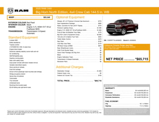 '
2020 RAM 1500
Big Horn North Edition, 4x4 Crew Cab 144.5 in. WB
MSRP. . . . . . . . . . . . . . . . . . . . . . . . . $53,345
EXTERIOR COLOUR:Red Pearl
INTERIOR COLOUR: Black
ENGINE: Engine: 5.7L HEMI VVT V8 w/
FuelSaver MDS
TRANSMISSION: Transmission: 8-Speed
Automatic
Standard Equipment
4-wheel ABS
Brake assistance
Traction control
LT275/65R18C OWL S-rated tires
Engine block heater
Electronic stability stability control with anti-roll
Air conditioning
AM/FM/Satellite-prep
Daytime running lights
Rear child safety locks
Dual power remote w/tilt down heated mirrors
Variable intermittent wipers
Silver aluminum wheels
Dual front airbags
Driver & front passenger seat mounted side airbags
Airbag occupancy sensor
Sentry Key immobilizer
Tachometer
Trip computer
Underseat ducts
Reclining front bucket seats
60-40 folding rear split-bench seat
Optional Equipment
Wheels: 20" x 9" Premium Chrome-Clad Aluminum. . . . . . . . . . $775
Sport Appearance Package . . . . . . . . . . . . . . . . . . . . . . . . . . . $695
Radio: Uconnect 4C Nav w/8.4" Display. . . . . . . . . . . . . . . . . . $770
Premium Lighting Group. . . . . . . . . . . . . . . . . . . . . . . . . . . . $1,095
Engine: 5.7L HEMI VVT V8 w/FuelSaver MDS. . . . . . . . . . . . $1,900
Front & Rear All-Weather Floor Mats. . . . . . . . . . . . . . . . . . . . $175
Big Horn Level 2 Equipment Group. . . . . . . . . . . . . . . . . . . . $2,995
124-Litre (27.4-Gallon) Fuel Tank. . . . . . . . . . . . . . . . . . . . . . . $445
Trailer Brake Control. . . . . . . . . . . . . . . . . . . . . . . . . . . . . . . . $375
Red Pearl. . . . . . . . . . . . . . . . . . . . . . . . . . . . . . . . . . . . . . . . $100
3.92 Rear Axle Ratio. . . . . . . . . . . . . . . . . . . . . . . . . . . . . . . . $175
Off-Road Group w/WBD . . . . . . . . . . . . . . . . . . . . . . . . . . . . . $875
Rear Wheelhouse Liners. . . . . . . . . . . . . . . . . . . . . . . . . . . . . . . $0
Cloth Front Bucket Seats . . . . . . . . . . . . . . . . . . . . . . . . . . . . . . $0
Quick Order Package 25Z Big Horn. . . . . . . . . . . . . . . . . . . . . . . $0
Black. . . . . . . . . . . . . . . . . . . . . . . . . . . . . . . . . . . . . . . . . . . . . $0
Engine Calibration Flash. . . . . . . . . . . . . . . . . . . . . . . . . . . . . . . $0
Transmission: 8-Speed Automatic. . . . . . . . . . . . . . . . . . . . . . . . $0
Monotone Paint. . . . . . . . . . . . . . . . . . . . . . . . . . . . . . . . . . . . . . $0
Additional Charges
Destination Charge. . . . . . . . . . . . . . . . . . . . . . . . . . . . . . . . $1,895
Federal Green Levy. . . . . . . . . . . . . . . . . . . . . . . . . . . . . . . . . . . $0
Federal A/C Excise Tax. . . . . . . . . . . . . . . . . . . . . . . . . . . . . . $100
TOTAL PRICE. . . . . . . . . . . . . . . . . . . . . *$65,715
VIN: 1C6SRFFT4LN259639 Stock #: LN259639
Colbourne Chrysler Dodge Jeep Ram
325 Welton Street, Sydney, Nova Scotia, B1P5S3
Phone: (902) 539-2280
NET PRICE ......... *$65,715
FCA Canada Inc.
WARRANTY
Basic. . . . . . . . . . . . . . . . . . . . . . . . . . . . . . 36 month/60,000 km
Powertrain. . . . . . . . . . . . . . . . . . . . . . . . . 60 month/100,000 km
Corrosion Perforation. . . . . . . . . . . . . . . . . 60 month/160,000 km
Roadside Assistance. . . . . . . . . . . . . . . . . 60 month/100,000 km
FUEL ECONOMY
City . . . . . . . . . . . . . . . . . . . . . . . . . . . . . . . . . . . . 16.1 L/100km
Highway . . . . . . . . . . . . . . . . . . . . . . . . . . . . . . . . 11.0 L/100km
*Whichever comes first. Some conditions may apply. +The 5-year/100,000-kilometre Powertrain
Limited Warranty does not apply to vehicles sold for certain commercial uses. See your retailer for
full details. Based on Energuide fuel consumption ratings. Government of Canada test methods
used. Your actual fuel consumption will vary based on driving habits and other factors. Use for
comparison purposes only. Ask your retailer for Energuide information.
*Based upon current information at the time of publication approval. Although descriptions are believed correct, complete accuracy cannot be guaranteed. FCA Canada Inc.
reserves the right to make changes at any time, without notice or obligation, in prices and equipment. Total Discounts may vary from time to time. Retailers may sell for less. See
your retailer for complete details.
 