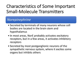 Characteristics of Some Important
Small-Molecule Transmitters
Norepinephrine
• Secreted by terminals of many neurons whose cell
bodies are located in the brain stem and
hypothalamus
• In most areas, NorE probably activates excitatory
receptors, but in a few areas, it activates inhibitory
receptors
• Secreted by most postganglionic neurons of the
sympathetic nervous system, where it excites some
organs but inhibits others
 