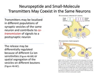 Neuropeptide and Small-Molecule
Transmitters May Coexist in the Same Neurons
Transmitters may be localized
in different populations of
synaptic vesicles of the same
neuron and contribute to co-
transmission of signals to a
postsynaptic neuron
The release may be
differentially regulated
because of different Ca ion
sensitivities (Figure 46-8B) or
spatial segregation of the
vesicles on different boutons
(Figure 46-8C).
 