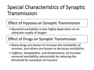 Special Characteristics of Synaptic
Transmission
Effect of Hypoxia on Synaptic Transmission
• Neuronal excitability is also highly dependent on an
adequate supply of oxygen
Effect of Drugs on Synaptic Transmission
• Many drugs are known to increase the excitability of
neurons, and others are known to decrease excitability
• Caffeine, theophylline, and theobromine, all increase
neuronal excitability, presumably by reducing the
threshold for excitation of neurons
 