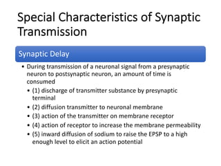 Special Characteristics of Synaptic
Transmission
Synaptic Delay
• During transmission of a neuronal signal from a presynaptic
neuron to postsynaptic neuron, an amount of time is
consumed
• (1) discharge of transmitter substance by presynaptic
terminal
• (2) diffusion transmitter to neuronal membrane
• (3) action of the transmitter on membrane receptor
• (4) action of receptor to increase the membrane permeability
• (5) inward diffusion of sodium to raise the EPSP to a high
enough level to elicit an action potential
 