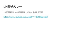 LN聖火リレー
・400円相当 + 40円相当 x 430 = 約17,600円
https://www.youtube.com/watch?v=89TSOayiqtA
 