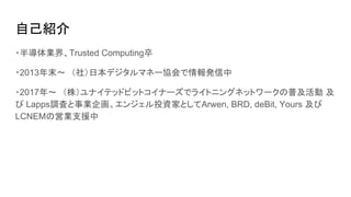 自己紹介
・半導体業界、Trusted Computing卒
・2013年末〜　（社）日本デジタルマネー協会で情報発信中
・2017年〜　（株）ユナイテッドビットコイナーズでライトニングネットワークの普及活動 及
び Lapps調査と事業企画。エンジェル投資家としてArwen, BRD, deBit, Yours 及び
LCNEMの営業支援中
 