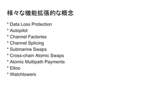様々な機能拡張的な概念
* Data Loss Protection
* Autopilot
* Channel Factories
* Channel Splicing
* Submarine Swaps
* Cross-chain Atomic Swaps
* Atomic Multipath Payments
* Eltoo
* Watchtowers
 
