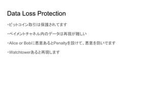 Data Loss Protection
・ビットコイン取引は保護されてます
・ペイメントチャネル内のデータは再現が難しい
・Alice or Bobに悪意あるとPenaltyを設けて、悪意を防いでます
・Watchtowerあると再現します
 