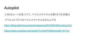 Autopilot
・LNDはルートを見つけて、ペイメントチャネルを開くまでを自動化
・デフォルトで5つのペイメントチャネルを立ち上げる
https://blog.lightning.engineering/posts/2018/05/30/routing.html
https://www.youtube.com/watch?v=AmFC9dhtemo#t=1h11m
 
