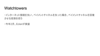 Watchtowers
・インターネット接続を失い、ペイメントチャネルを失った場合、ペイメントチャネルを回復
させる役割を担う
・今年2月、Eclairが実装
 