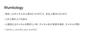 Wumbology
・現在、LNチャネルの上限は0.16 BTCで、支払上限は0.04 BTC
・この上限を上げる試み
・上限超えるチャネルを開きたい時、チャネル先が承認の場合、チャネルが開く
・“option_I_wumbo_you_wumbo”
 