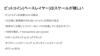 ビットコイン(ベースレイヤー)はスケールが難しい
・ビットコインの採掘コストは膨大
・10分毎に新規発行されるビットコインの売却で成立
・世界中に分散したマイナーのノードが合意しているのがすごい
・1MBの場合、7 transactions per second
・スモールブロック vs ビッグブロック
・オフチェーンスケーリング vs オンチェーンスケーリング
・BTC vs BCH
 