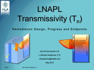 LNAPL Transmissivity (Tn)Remediation Design, Progress and Endpoints H2A Environmental, Ltd. J. Michael Hawthorne, P.G. mhawthorne@h2altd.com May 2010 