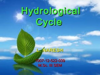 Hydrological
Cycle
L. NARESH
1007-12-522-039
M.Sc. III SEM

 