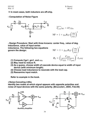 EE215C B. Razavi
Win. 13 HO #2
54
In most cases, both inductors are off-chip.
- Computation of Noise Figure
- Design Procedure: Start with three knowns: center freq., value of deg.
Inductance, value of input series
inductance. The following two equations
govern the design:
(1) Compute Cgs1, gm1, and ωT1
(2) May need to reduce ft.
(3) As a guess, choose width of cascode device equal to width of input
device (with minimum length).
(4) Choose load inductance to resonate with the load cap.
(5) Reexamine input match.
Refer to example in the book.
• Noise-Canceling LNAs
Identify two nodes at which signal appears with opposite polarities and
noise of input devices with the same polarity. [Bruccoleri, JSSC, Feb.04]
 
