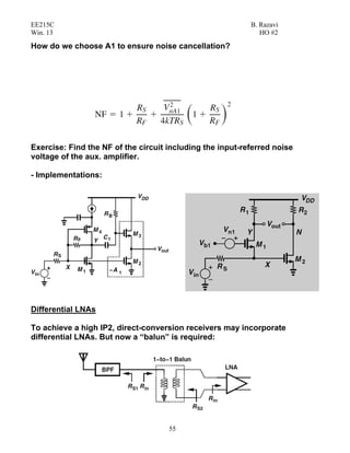 EE215C B. Razavi
Win. 13 HO #2
55
How do we choose A1 to ensure noise cancellation?
Exercise: Find the NF of the circuit including the input-referred noise
voltage of the aux. amplifier.
- Implementations:
Differential LNAs
To achieve a high IP2, direct-conversion receivers may incorporate
differential LNAs. But now a “balun” is required:
 