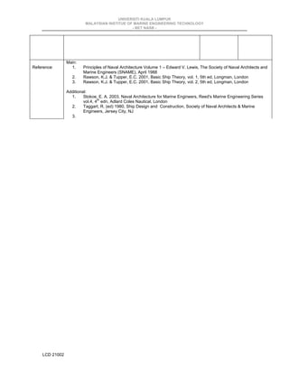 UNIVERSITI KUALA LUMPUR 
MALAYSIAN INSTITUE OF MARINE ENGINEERING TECHNOLOGY 
- BET NASB - 
Reference: 
LCD 21002 
Main: 
1. Principles of Naval Architecture Volume 1 – Edward V. Lewis, The Society of Naval Architects and 
Marine Engineers (SNAME), April 1988 
2. Rawson, K.J. & Tupper, E.C. 2001, Basic Ship Theory, vol. 1, 5th ed, Longman, London 
3. Rawson, K.J. & Tupper, E.C. 2001, Basic Ship Theory, vol. 2, 5th ed, Longman, London 
Additional: 
1. Stokoe, E. A. 2003, Naval Architecture for Marine Engineers, Reed's Marine Engineering Series 
vol.4, 4th edn, Adlard Coles Nautical, London 
2. Taggart, R. (ed) 1980, Ship Design and Construction, Society of Naval Architects & Marine 
Engineers, Jersey City, NJ 
3. 
