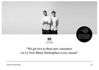 19
“We get two to three new customers
via Le New Black Marketplace every season”
Wholesale process
10x more productive
with Le New Black
Customer Sucess Story
 