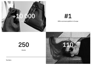4
Retailers B2B e-commerce platform in Europe
Brands Countries
+10 000 #1
250 110
Numbers 4
 
