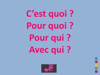 C’est quoi ?
Pour quoi ?
Pour qui ?
Avec qui ?
 