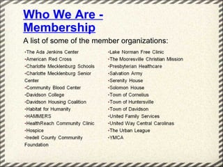 Who We Are -
Membership
A list of some of the member organizations:
 