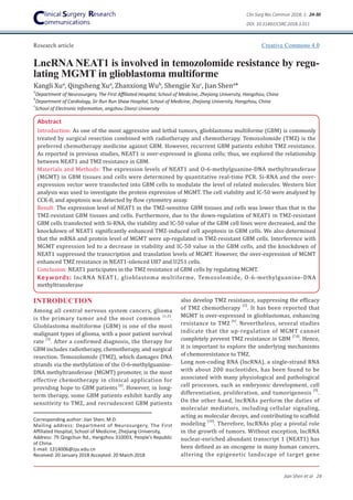 Lnc rna neat1 is involved in temozolomide resistance by regulating mgmt ...