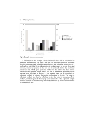6    Juhnyoung Lee et al.




Fig. 1. Example micro-conversion rates

   As illustrated in this example, micro-conversion rates can be calculated for
individual merchandising cue types, and also, for individual products, individual
shopping metaphor types, individual design features, and individual banner ads. As a
result, all the individual hyperlinks pointing to product pages in various forms and
purposes, internal or external to the site can be analyzed. Unlike the traditional
conversion rate, which gives just one number for the entire site, these micro-
conversion rates provide insight into a rich set of information pertaining to the
analysis areas described in section 2. For instance, they can be computed for
individual products to measure the product performance in the site. The rates for
individual products can then be rolled up to give the rates for categories of the
products, and then again all the way up to the entire site. Table 1 presents sample
business questions on merchandising that can be addressed by micro-conversion rates
for each analysis area.
 