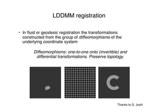 Thanks to S. Joshi
LDDMM registration
• In ﬂuid or geodesic registration the transformations
constructed from the group of diffeomorphisms of the
underlying coordinate system
Diffeomorphisms: one-to-one onto (invertible) and
differential transformations. Preserve topology.
 