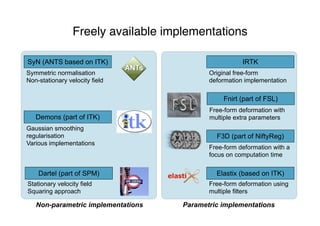 Freely available implementations
SyN (ANTS based on ITK)
Demons (part of ITK)
Dartel (part of SPM)
IRTK
Fnirt (part of FSL)
F3D (part of NiftyReg)
Elastix (based on ITK)
Non-parametric implementations Parametric implementations
Symmetric normalisation
Non-stationary velocity field
Gaussian smoothing
regularisation
Various implementations
Stationary velocity field
Squaring approach
Original free-form
deformation implementation
Free-form deformation with
multiple extra parameters
Free-form deformation with a
focus on computation time
Free-form deformation using
multiple filters
Freely available implementations
 