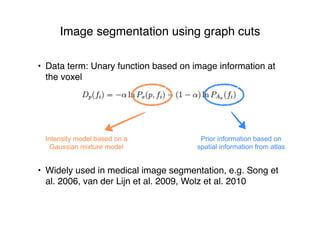 Image segmentation using graph cuts
• Data term: Unary function based on image information at
the voxel
• Widely used in medical image segmentation, e.g. Song et
al. 2006, van der Lijn et al. 2009, Wolz et al. 2010
Prior information based on
spatial information from atlas
Intensity model based on a
Gaussian mixture model
 