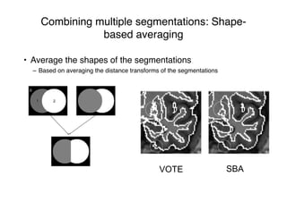 Combining multiple segmentations: SBA
• Average the shapes of the segmentations
– Based on averaging the distance transforms of the segmentations
VOTE SBA
Combining multiple segmentations: Shape-
based averaging
 