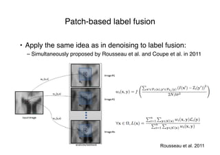 Patch-based label fusion
• Apply the same idea as in denoising to label fusion:
– Simultaneously proposed by Rousseau et al. and Coupe et al. in 2011
Rousseau et al. 2011
 