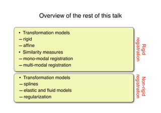 Overview of the rest of this talk
Non-rigid
registration
• Transformation models
– splines
– elastic and ﬂuid models
– regularization
Rigid
registration
• Transformation models
– rigid
– afﬁne
• Similarity measures
– mono-modal registration
– multi-modal registration
 
