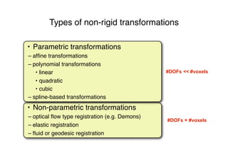 Types of non-rigid transformations
#DOFs = #voxels
• Non-parametric transformations
– optical ﬂow type registration (e.g. Demons)
– elastic registration
– ﬂuid or geodesic registration
#DOFs << #voxels
• Parametric transformations
– afﬁne transformations
– polynomial transformations
• linear
• quadratic
• cubic
– spline-based transformations
 