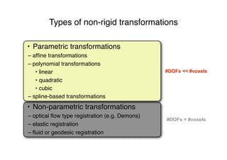 Types of non-rigid transformations
#DOFs = #voxels
• Non-parametric transformations
– optical ﬂow type registration (e.g. Demons)
– elastic registration
– ﬂuid or geodesic registration
#DOFs << #voxels
• Parametric transformations
– afﬁne transformations
– polynomial transformations
• linear
• quadratic
• cubic
– spline-based transformations
 
