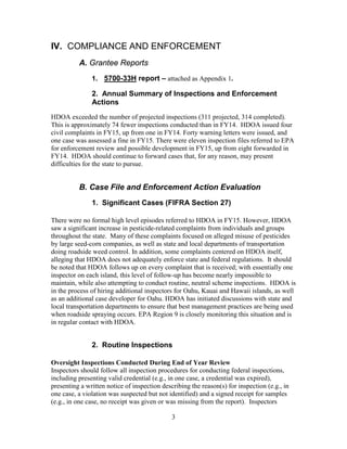 3
IV. COMPLIANCE AND ENFORCEMENT
A. Grantee Reports
1. 5700-33H report – attached as Appendix 1.
2. Annual Summary of Insp...