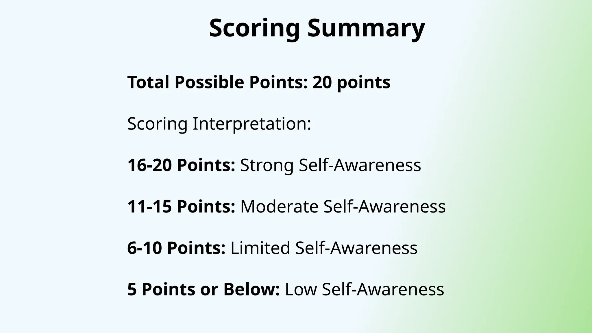 Scoring Summary
Total Possible Points: 20 points
Scoring Interpretation:
16-20 Points: Strong Self-Awareness
11-15 Points: Moderate Self-Awareness
6-10 Points: Limited Self-Awareness
5 Points or Below: Low Self-Awareness
 