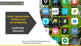 Social Collaboration
Plattform als
Lernumgebung
Leadership
Education
Schmitz & Foelsing
Coyo: unter Top 200 Social Collaboration Tools
im Ranking von Jane Hart 2019
 