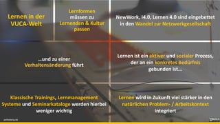 Lernen in der
VUCA-Welt
Klassische Trainings, Lernmanagement
Systeme und Seminarkataloge werden hierbei
weniger wichtig
…und zu einer
Verhaltensänderung führt
Lernen ist ein aktiver und sozialer Prozess,
der an ein konkretes Bedürfnis
gebunden ist...
Lernen wird in Zukunft viel stärker in den
natürlichen Problem- / Arbeitskontext
integriert
NewWork, I4.0, Lernen 4.0 sind eingebettet
in den Wandel zur Netzwerkgesellschaft
Lernformen
müssen zu
Lernenden & Kultur
passen
janfoelsing.de
 