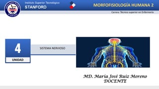 UNIDAD
4 SISTEMA NERVIOSO
MD. María José Ruiz Moreno
DOCENTE
Carrera: Técnico superior en Enfermería
MORFOFISIOLOGÍA HUMANA 2
 