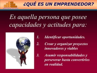 MINISTERIO DE EDUCACIÓN
¿QUÉ ES UN EMPRENDEDOR?
1. Identificar oportunidades.
2. Crear y organizar proyectos
innovadores y viables
3. Asumir responsabilidades y
perseverar hasta convertirlos
en realidad.
Es aquella persona que posee
capacidades y actitudes para:
 