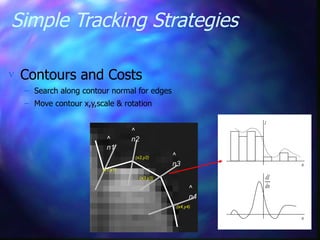 Simple Tracking Strategies
n
dI
dn
I
n
(x1,y1)
(x2,y2)
(x3,y3)
(x4,y4)
^
n1
^
n2
^
n3
^
n4
 Contours and Costs
– Search along contour normal for edges
– Move contour x,y,scale & rotation
 