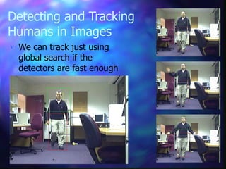 Detecting and Tracking
Humans in Images
 We can track just using
global search if the
detectors are fast enough
 