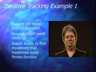 Iterative Tracking Example 1
 Assume the initial
position is known
 Assume object wont
move far
 Search locally to find
movement that
maximises some
fitness function
 